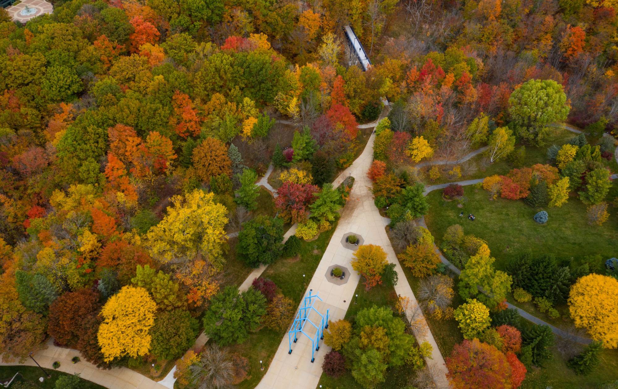 Drone image of Allendale's campus during the Fall near the Transformational Link - a bright blue sculpture